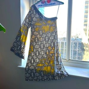 Prairie New York vintage dress one shoulder yellow, brown white